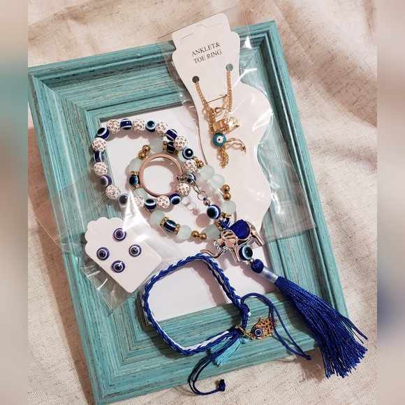Evil Eye Bracelets, Keychain, Ankle And Toe Rings, Studs Bundle 6 Pieces - Picture 2 of 2